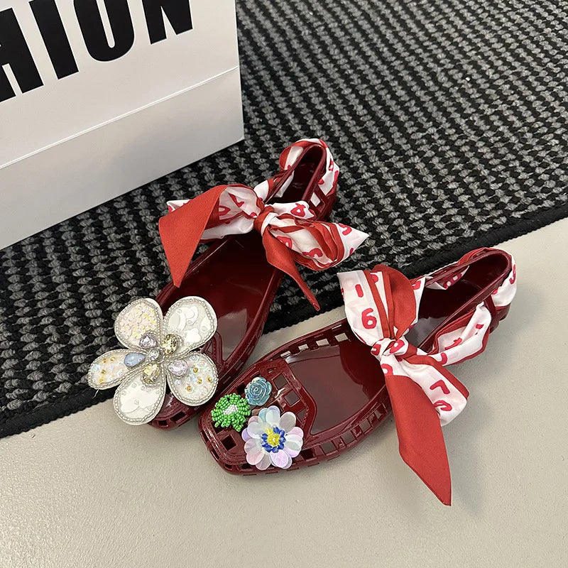 2025 Korea Style Jelly Flats Fashion Lace Band Shoes Accessories Women Loafers Hollow Square Toe Women Beach Sandals Soft Sole