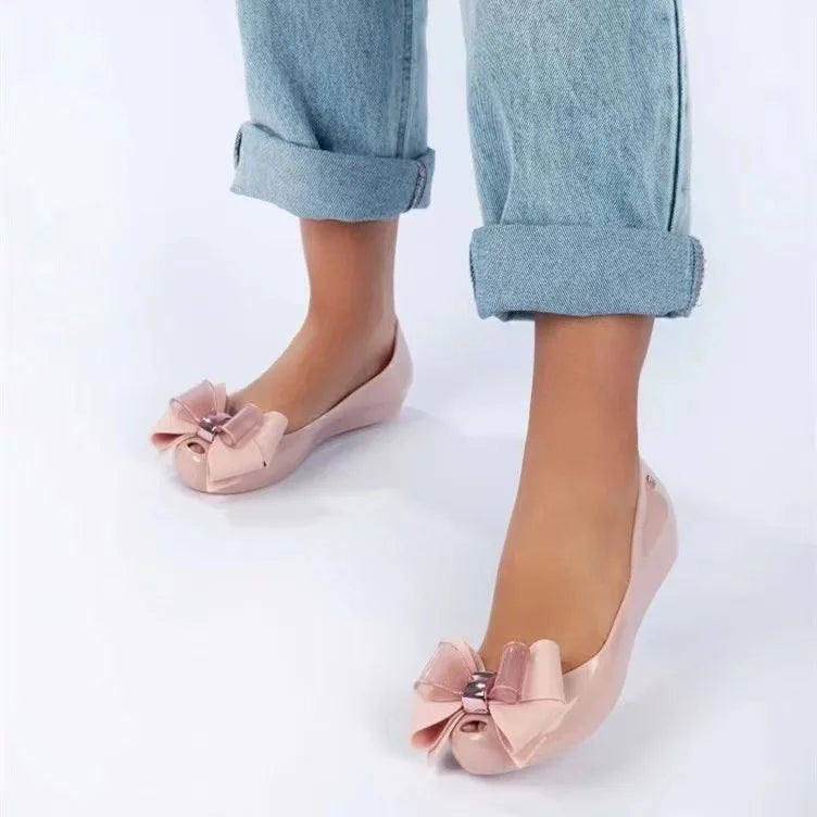 New Women's Jelly Shoes Fashion Ladies Fish Mouth Sandals Adult Girls Non-slip Beach Shoes Crystal Flash Retro Bow Sandal Female
