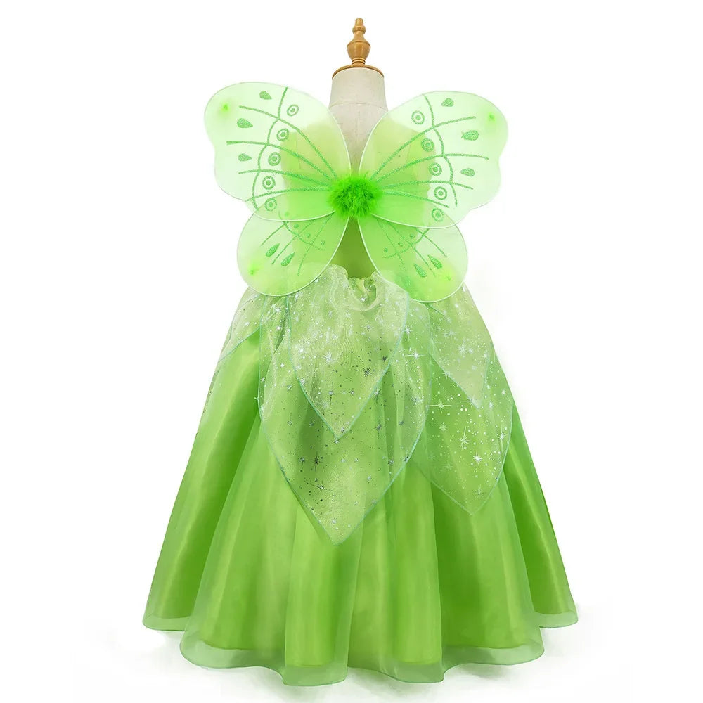 Kids Girls Tinker Bell Costume Kids Green Fairy Princess Tinkerbell Fancy Dress Birthday Party Halloween Cosplay Outfits 2-10Yrs