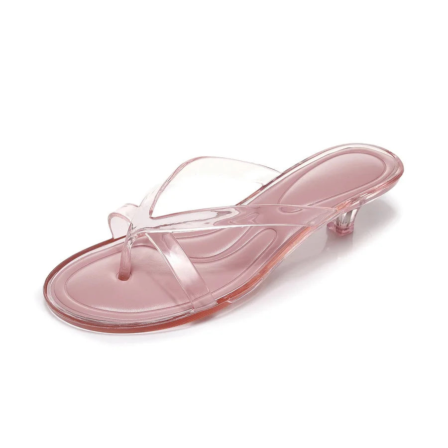 Glam Sheer Heeled Jelly Thong Sandals Women's Transparent Strap Square Toe Kitten Heels Woman Trendy Flip Flops Night Out Shoes