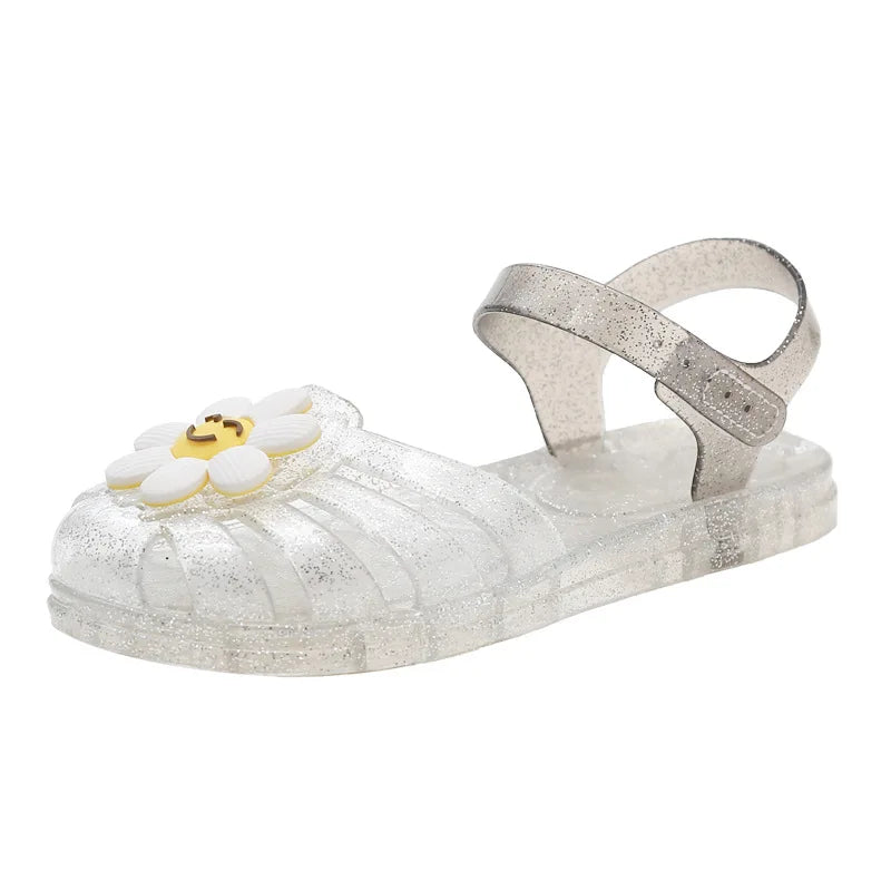 Children's Glitter Crystal Sandals Girls Flower Smiley Face Jelly Beach Sandals Toddler Garden Shoes Kids Non-slip Casual Shoes