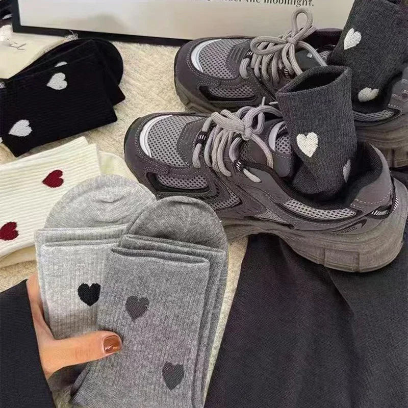 5 Pairs Women's Cute Heart Shaped Mid Tube Socks Spring and Autumn New Ins Trendy Trendy Versatile High Beauty Duty Series Socks