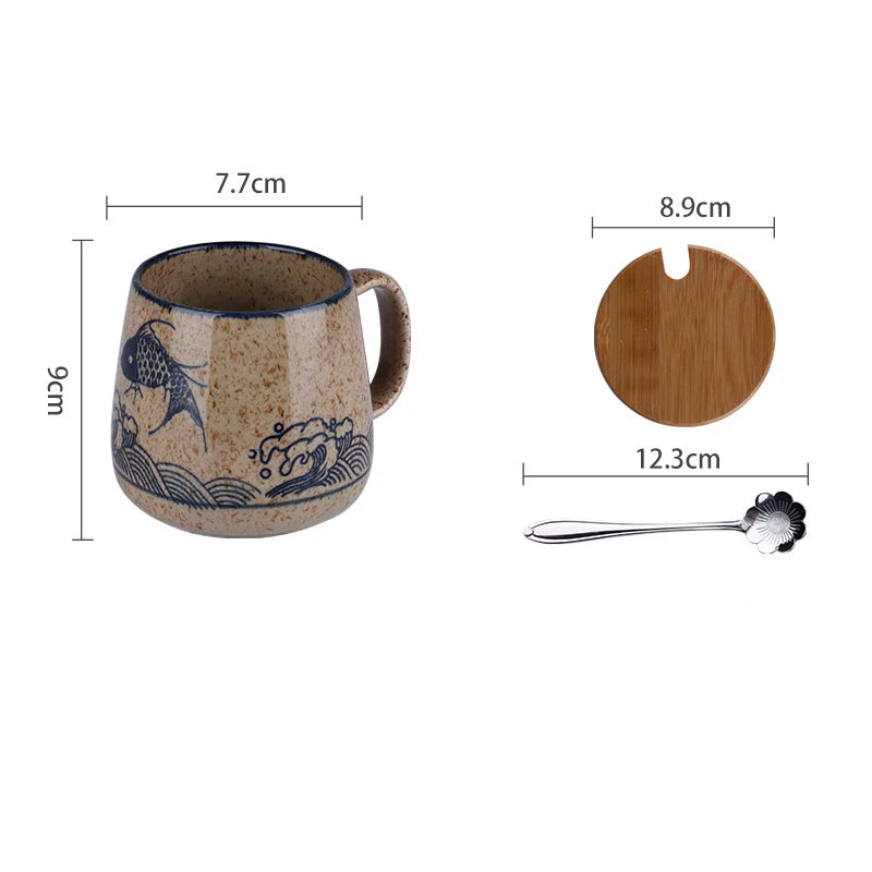 YWDL 350ml Japanese Ceramic Coffee Mug With Lid And Spoon Milk Breakfast Cups Home Heat-resistant Teacup Tumbler Water Mug Gift