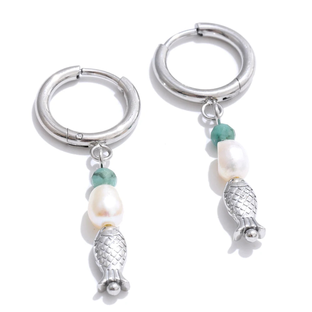 Yhpup High Quality Natural Stone Pearl Fish Dangle Earrings 16K PVD Plated Stainless Steel Ocean Style Charm Jewelry Waterproof