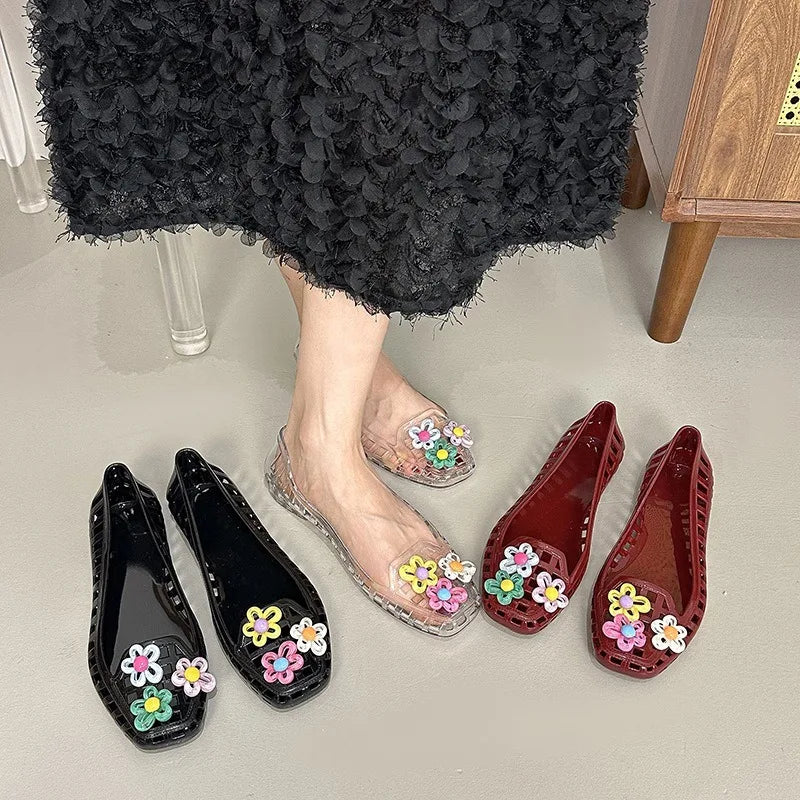 Transparent Crystal Jelly Sandals Hollow Out Slippers Korean Style Flat Shoes Women's Square Toe Shallow Slip on Ballet Loafers