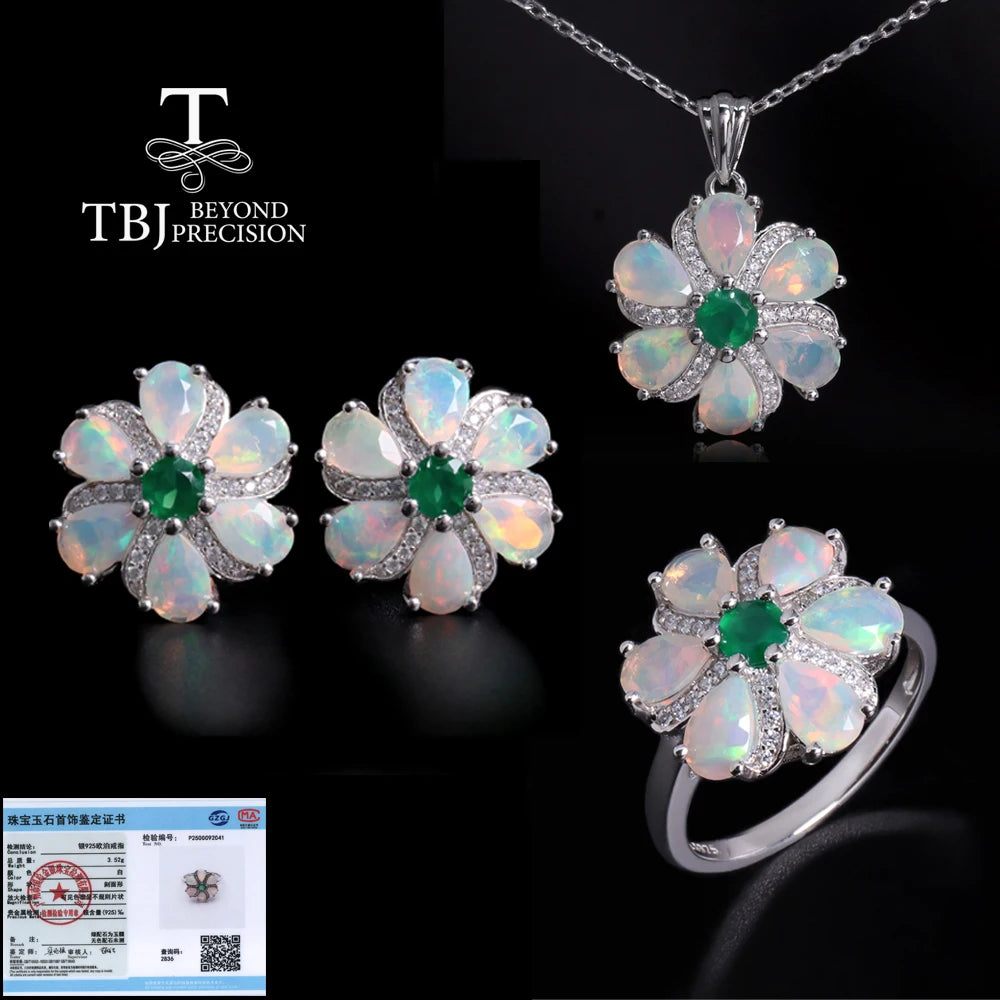 Women's Natural Opal Green Agate Jewelry Set S925 Sterling Silver Real Gemstone Pendant Necklace Earrings Ring Trifecta Gift