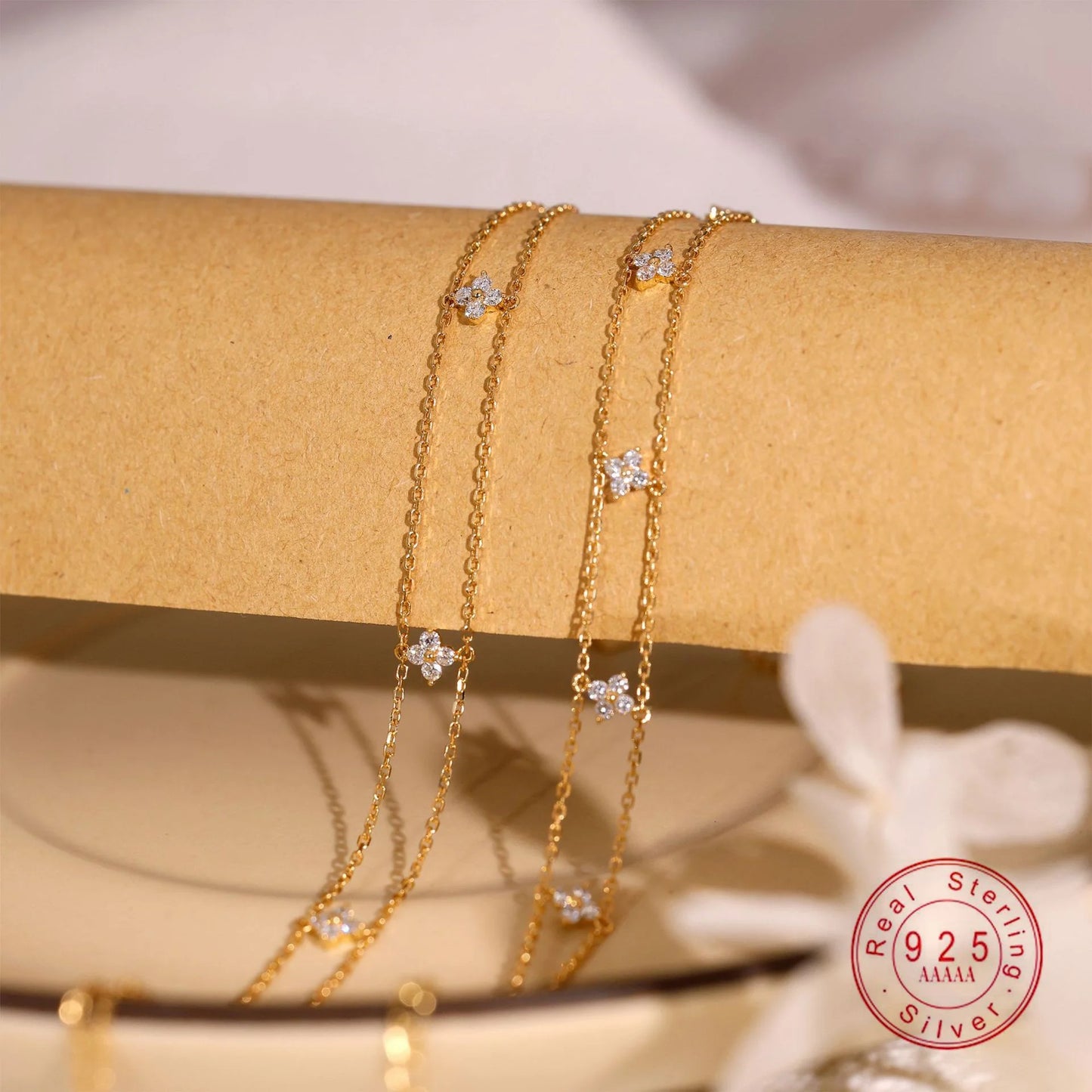 S925 Sterling Silver Plated 18K Gold Light Luxury Double-layer Flower Zircon Bracelet Exquisite Simple Temperament Jewelry Gift