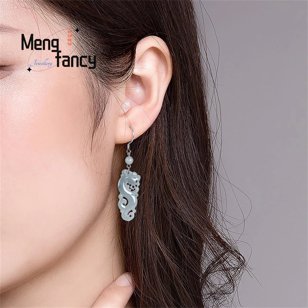 S925 Silver Inlaid Natural A goods Jadeite Blue Water Retro Dragon Ice Jade Earrings Exquisite High-grade Luxury Quality Jewelry