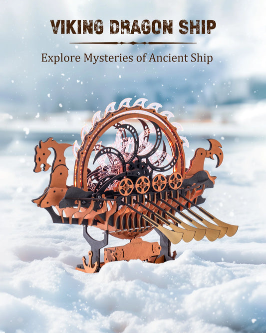 ROKR Wooden 3D Puzzle Viking Dragon Ship Mechanical Model Building Kit for Home Decor 229-Piece Puzzle Toy with LED Light for Bookshelf Decor Gift for Adults Kids