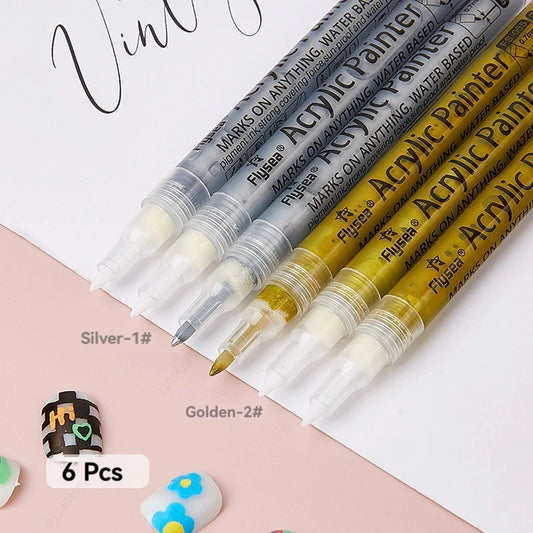 6Pcs/set 4 Colors (Black/White/Gold/Silver) Acrylic Paint Markers pen,0.7mm Extra Fine for Ceramic, Metal, Paper, Drawing, DIY