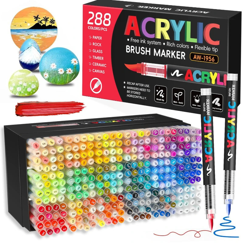 12/320/366 Colors Acrylic Markers Set Soft Brush Pen Systems for Drawing Anime Painting DIY Stone Glass Wood Gifts Art Supplies