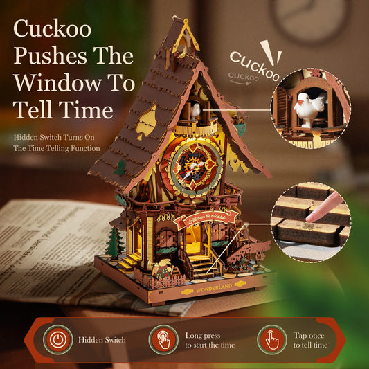 ROKR Wooden 3D Puzzle Cuckoo Clock Mechanical Model Building Kit 435 Pieces DIY Craft Kit with 2 Light for Home Decor Brain Teasers Jigsaw Toys for Adults Teens