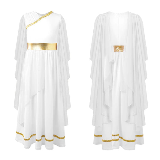 Girls Greek Goddess Costume – Ancient Greek Toga Dress with Laurel Headpiece, Sizes 6–16