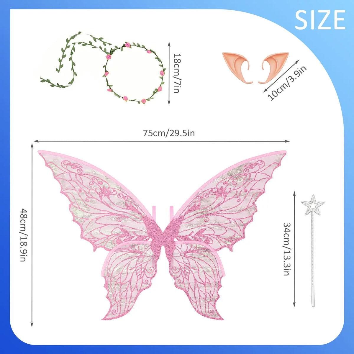 Fairy Wings for Adults and Girls，Fairy Costume Set with Floral Garland, Fairy Hair Tinsel, Wand & Elf Ears