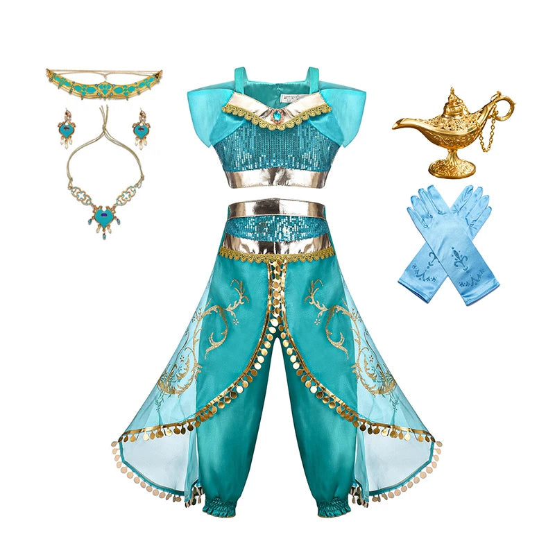 Jasmine Princess Dress for Girls Cosplay Aladdin Magic Lamp Costume Kids Halloween Birthday Carnival Party Vestidos 2-10T Outfit