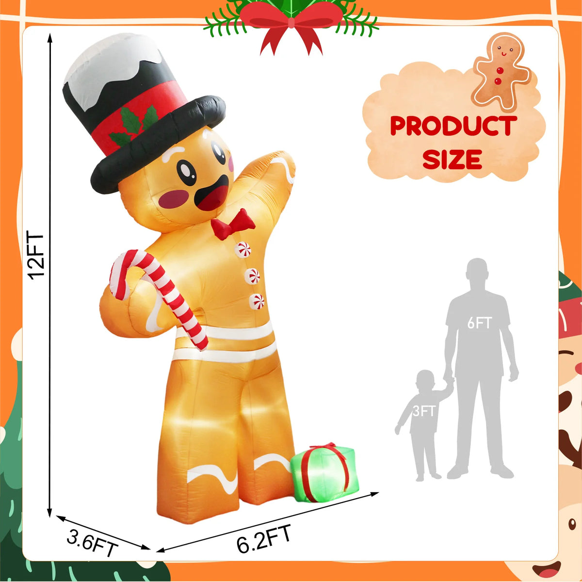 Giant Inflatable Gingerbread Man – 12ft LED Outdoor Christmas Yard Decoration