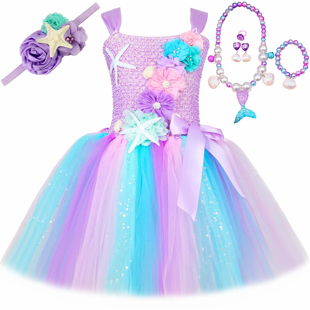 Princess Mermaid Dress for Girls Pastel Flowers Birthday Party Tutu Dresses Halloween Little Mermaid Costume for Kids Clothes