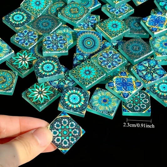 100/200 Grams of Vintage Style Mosaic Material, 2.3*2.3 Blue-Green Mandala Pattern Square Glass Mosaic Tiles, Suitable for Handmade Art Creations, Home Tabletops, Wall and Step Inlays, Garden Outdoor Photography Auxili