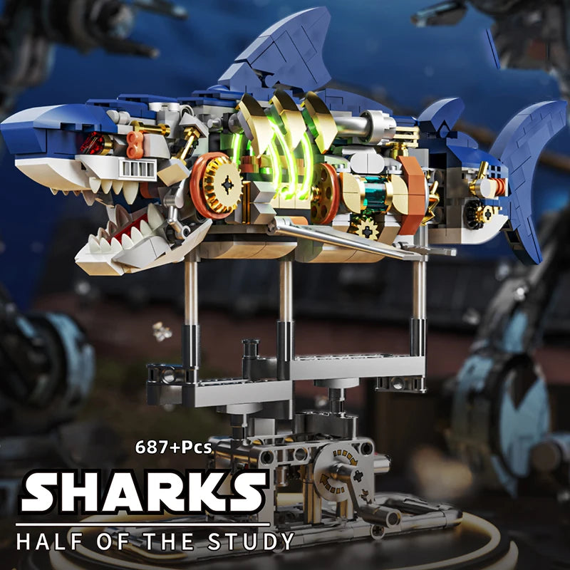 Mechanical Shark Building Blocks Set, Movable Jaw & Tail Gear Drive, STEM Educational Toy, Perfect Gift for Kids & Adults, Home