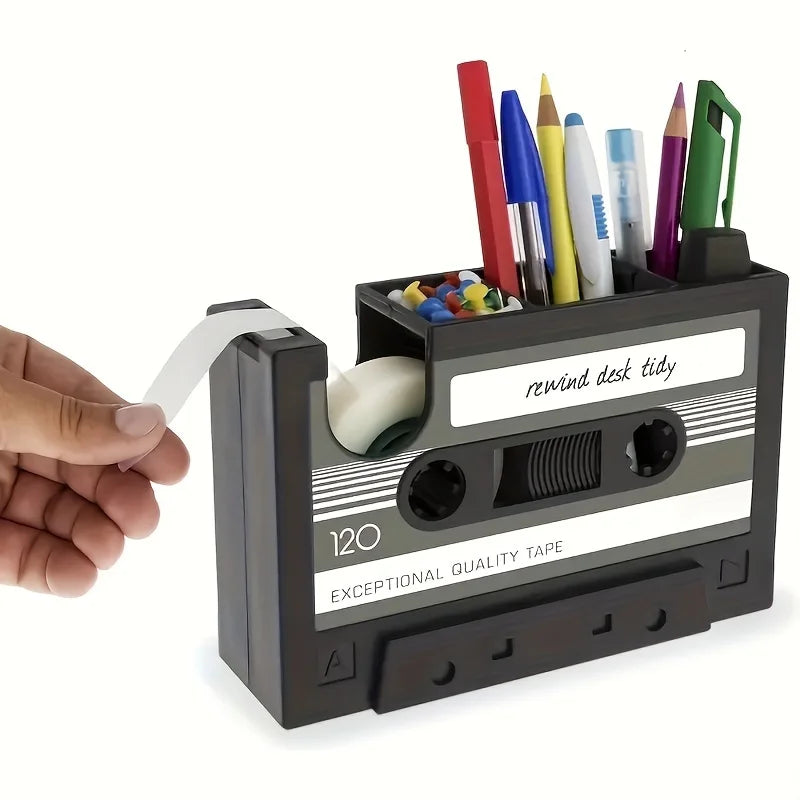 Creative Retro Tape Shaped Office Storage Box, Made of Black ABS Material, Desktop Storage Pen Holder, Tape Holder, Cutter