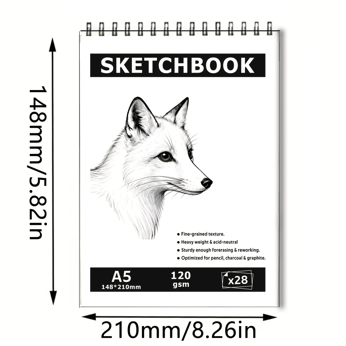 Large A4/A5 Spiral-Bound Art Sketchbook with Fox Cover Design, 28 Pages, Made with Thick Paper and Sturdy Binding Craftsmanship — Heavy-Duty Artist Drawing Book, Suitable for Pencil, Pen, and Marker Use — Especially Ideal for Pencil, Charcoal, and Pastel