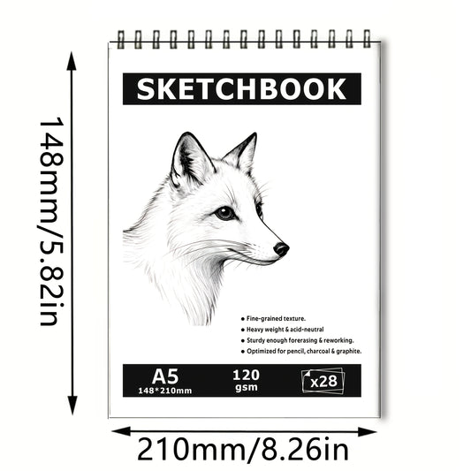 Large A4/A5 Spiral-Bound Art Sketchbook with Fox Cover Design, 28 Pages, Made with Thick Paper and Sturdy Binding Craftsmanship — Heavy-Duty Artist Drawing Book, Suitable for Pencil, Pen, and Marker Use — Especially Ideal for Pencil, Charcoal, and Pastel