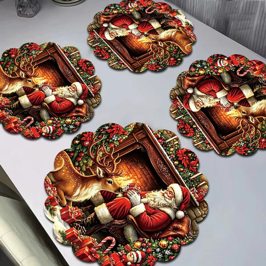 Santa Claus Reindeer Fireplace Christmas Placemat Gift Box Candy Cane Snowflake Table Mat Winter Holiday Dinner Table Decoration