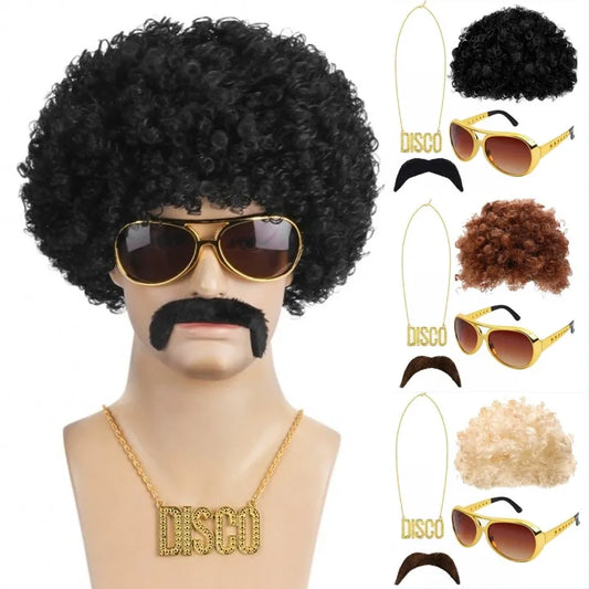 70s Disco Costume Accessory Set – Afro Wig, Sunglasses, Gold Chain & Mustache, 4 Pieces