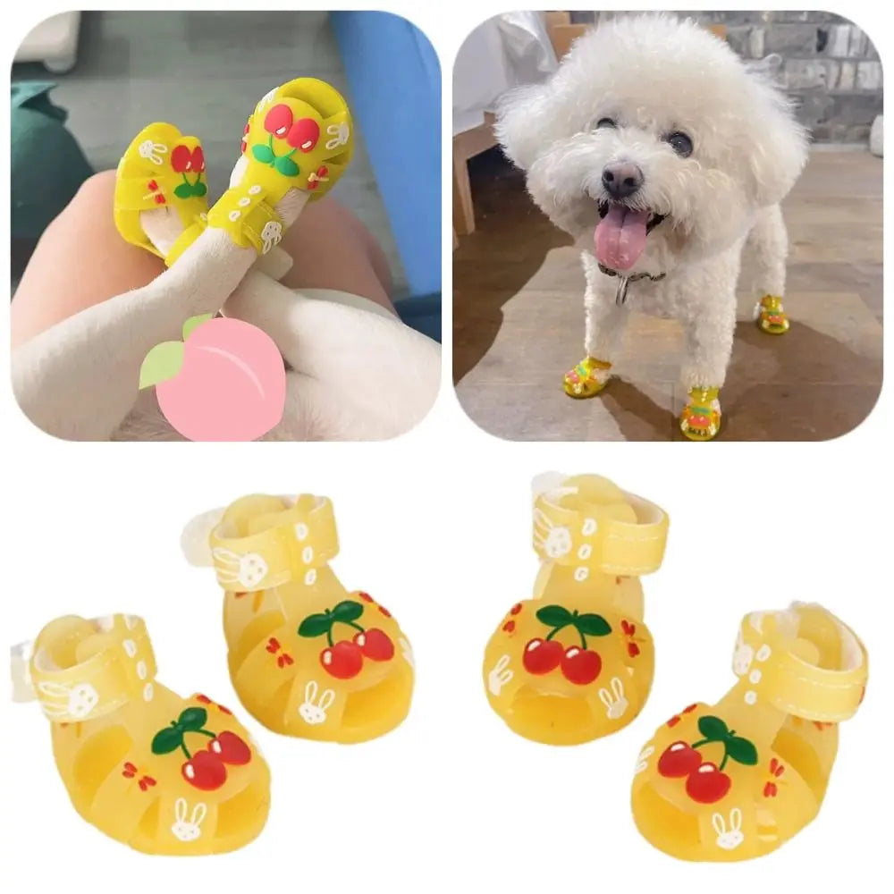 4Pcs/Set Cartoon Dog Summer Jelly Sandals Non-slip Adjustable Breathable Dog Shoes Wear-resistant Waterproof Hollow Puppy Shoes