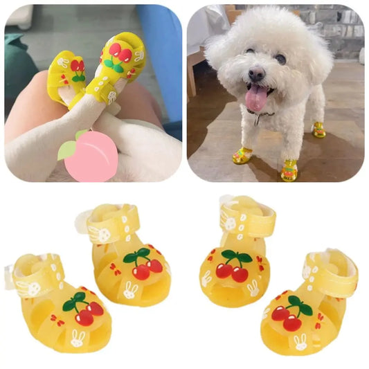 4Pcs/Set Cartoon Dog Summer Jelly Sandals Non-slip Adjustable Breathable Dog Shoes Wear-resistant Waterproof Hollow Puppy Shoes