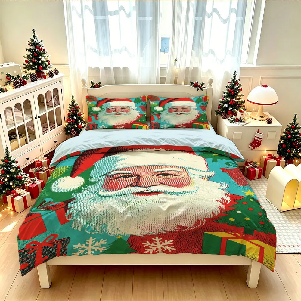 Christmas Duvet Cover Set 3Pcs Santa Claus Portrait Gift Tree Print Soft Microfiber Bedding with Pillowcases Decor