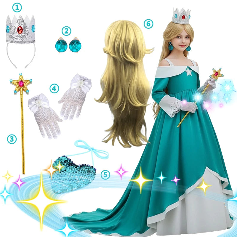 Rosalina Princess Fancy Dress The Galaxy Movie Kids Girls Role play Silk trailing Long Dress Costume Halloween Party Outfits