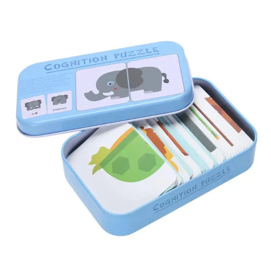 3-6T Baby Cognition Puzzle Toys Kids Iron Box Cards Matching Game Cognitive Card Car Fruit Animal Life Puzzle