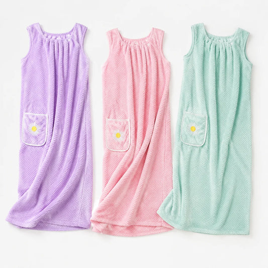 Women Wearable Bath Wrap Towel Absorbent Polyester Long Washable Bathroom Bathrobe