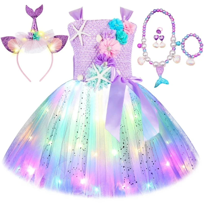 Princess Mermaid Dress for Girls Led Light Up Ocean Themed Birthday Party Tutu Dress Clothes Halloween Costume for Kids Vestidos