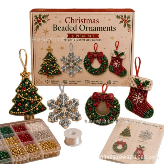 4 Piece Christmas Beaded Ornaments DIY Kit Tree Snowflake Wreath Stocking Craft Set Xmas Party Decoration Gift for Kids Adults