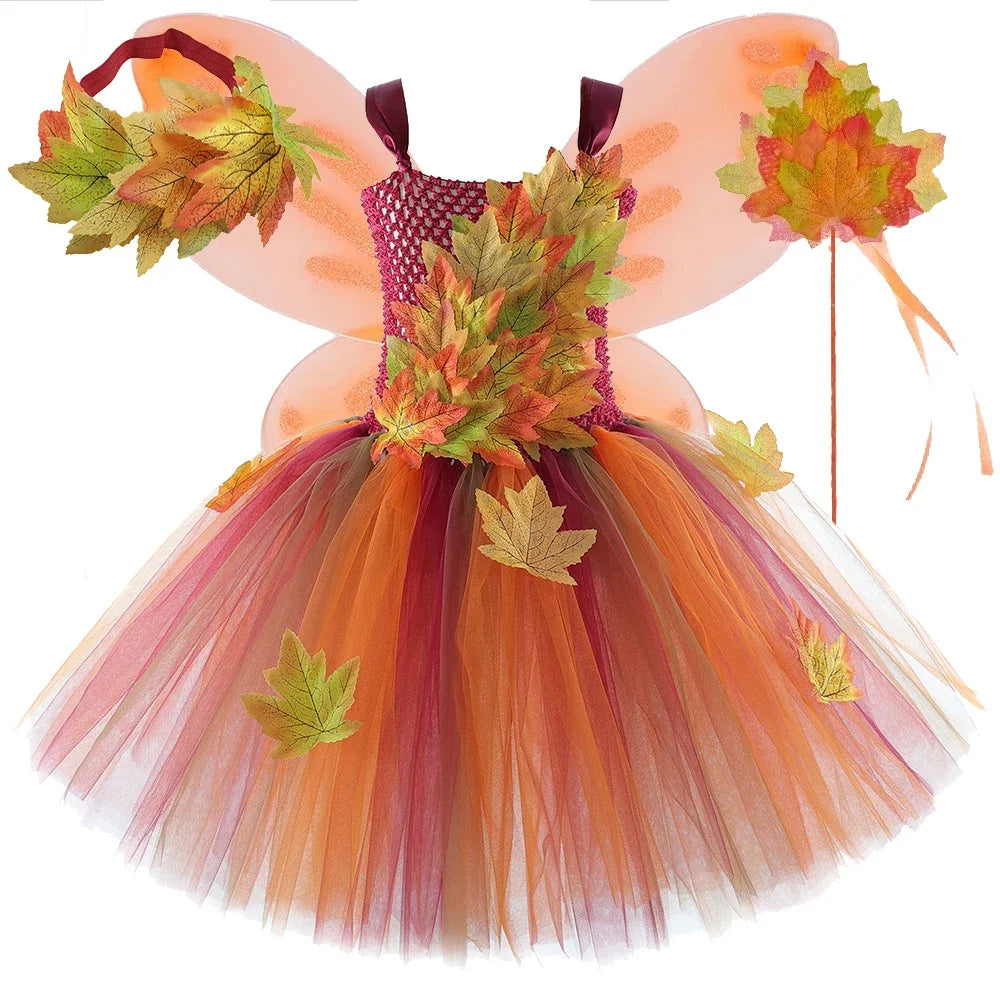Fairy Costume for Girl Forest Woodland Autumn Fairy Tutu Dress Up Maple Leaves Halloween Thanksgiving Tulle Princess Dress 1-12T