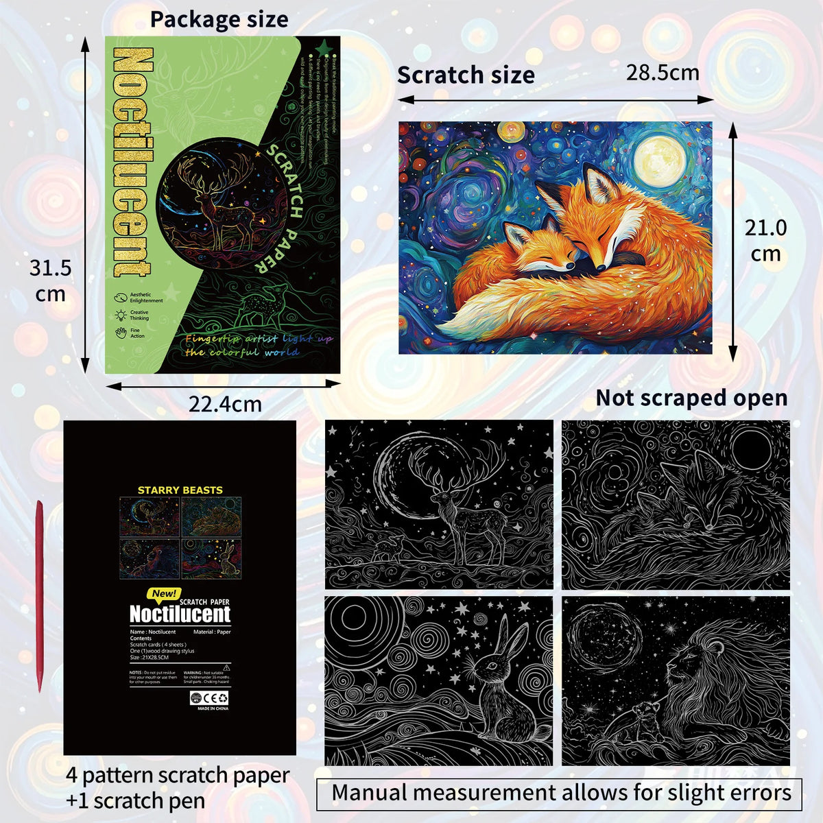 4 Pcs/Set A4 Noctilucent DIY Scratch Painting Colorful Starry Sky Animals Lion ELK Manual Scratch Painting Drawing Artistic Work
