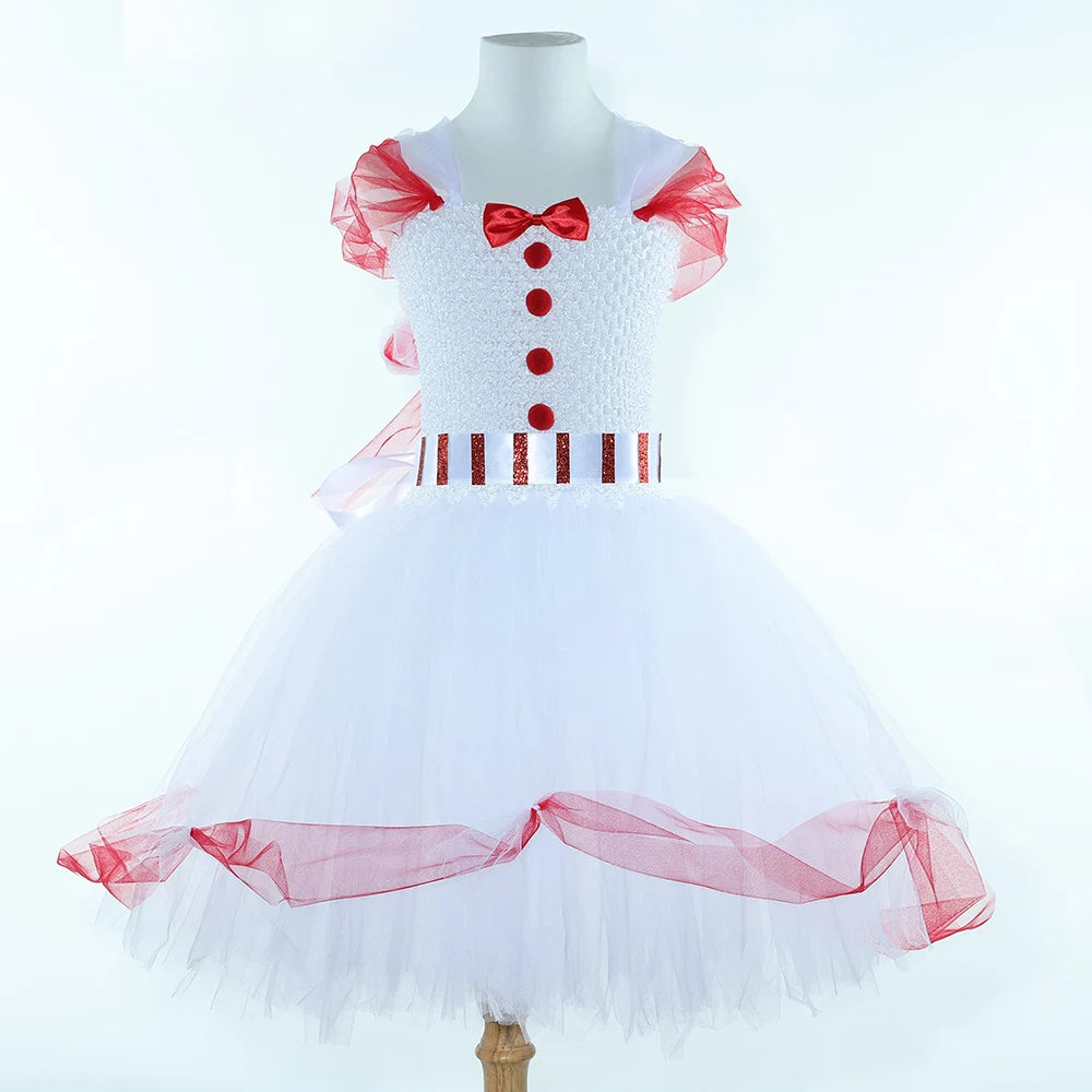 Magical Nanny Mary Poppins Costume Kids Halloween Dress Up Red White Tulle Princess Dress for Girls Christmas Party Tutu Dress