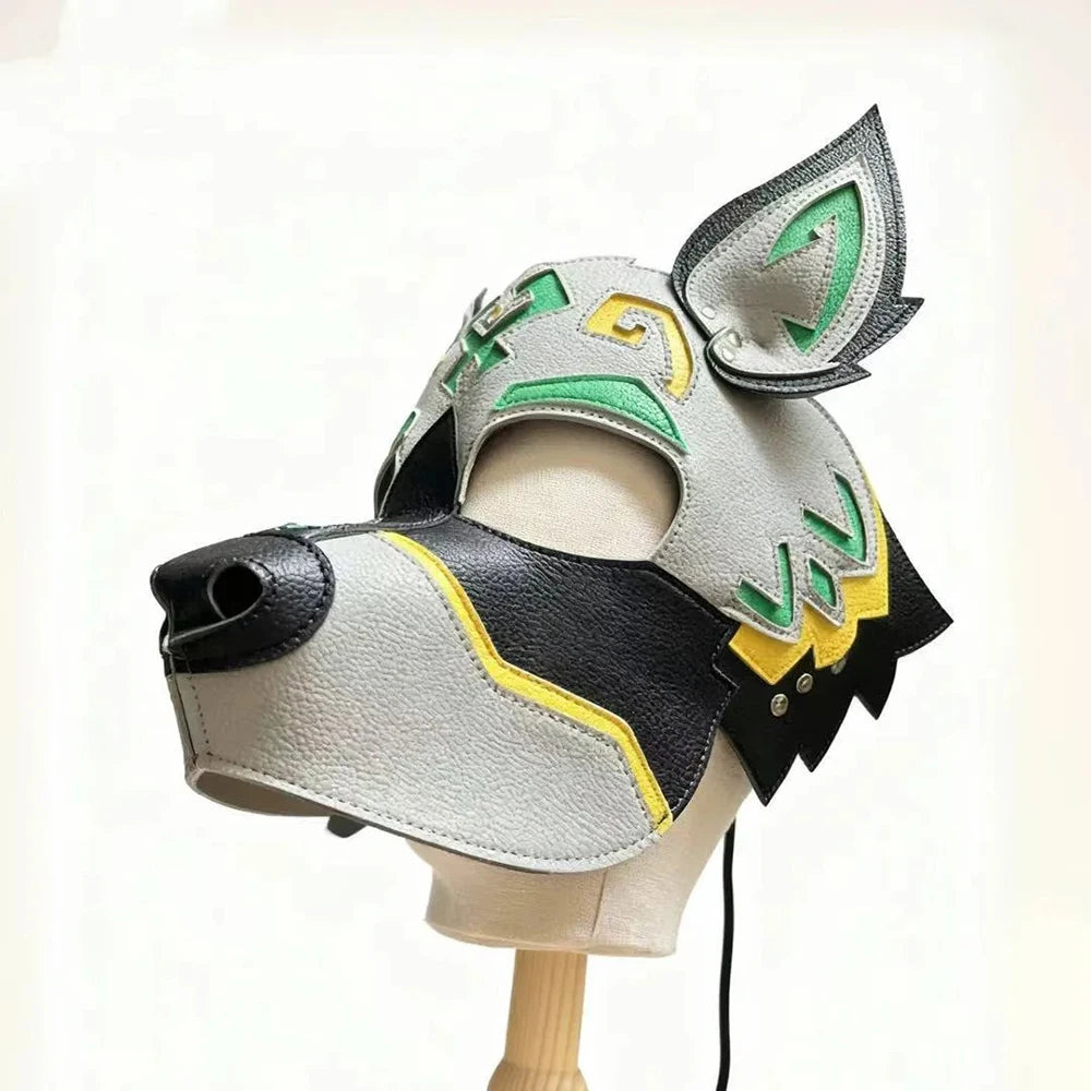 Vintage Totem Dog Head Leather Mask Punk Animal Pattern Dog Face Mask Halloween Masquerade Costume Prop