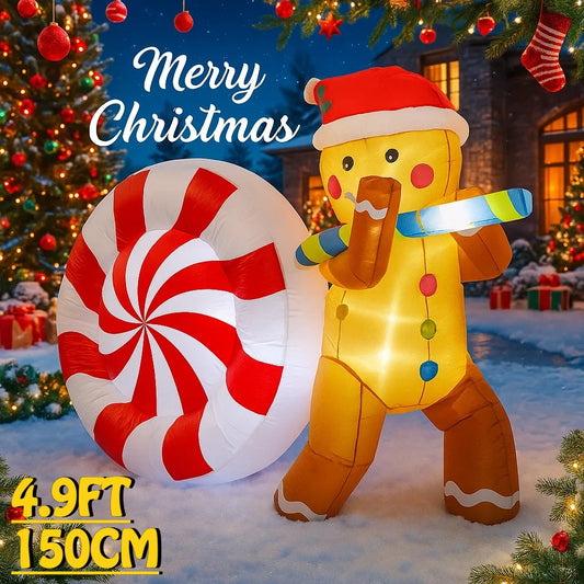 4.9FT Gingerbread Man Candy Inflatable Christmas Decoration Ornament Lights Outdoor Decoration Yard Holiday Party Decor Lawn Toy