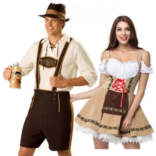 Oktoberfest Couples Costume – Men's Lederhosen-Style Set or Women's Dress, S–XXL