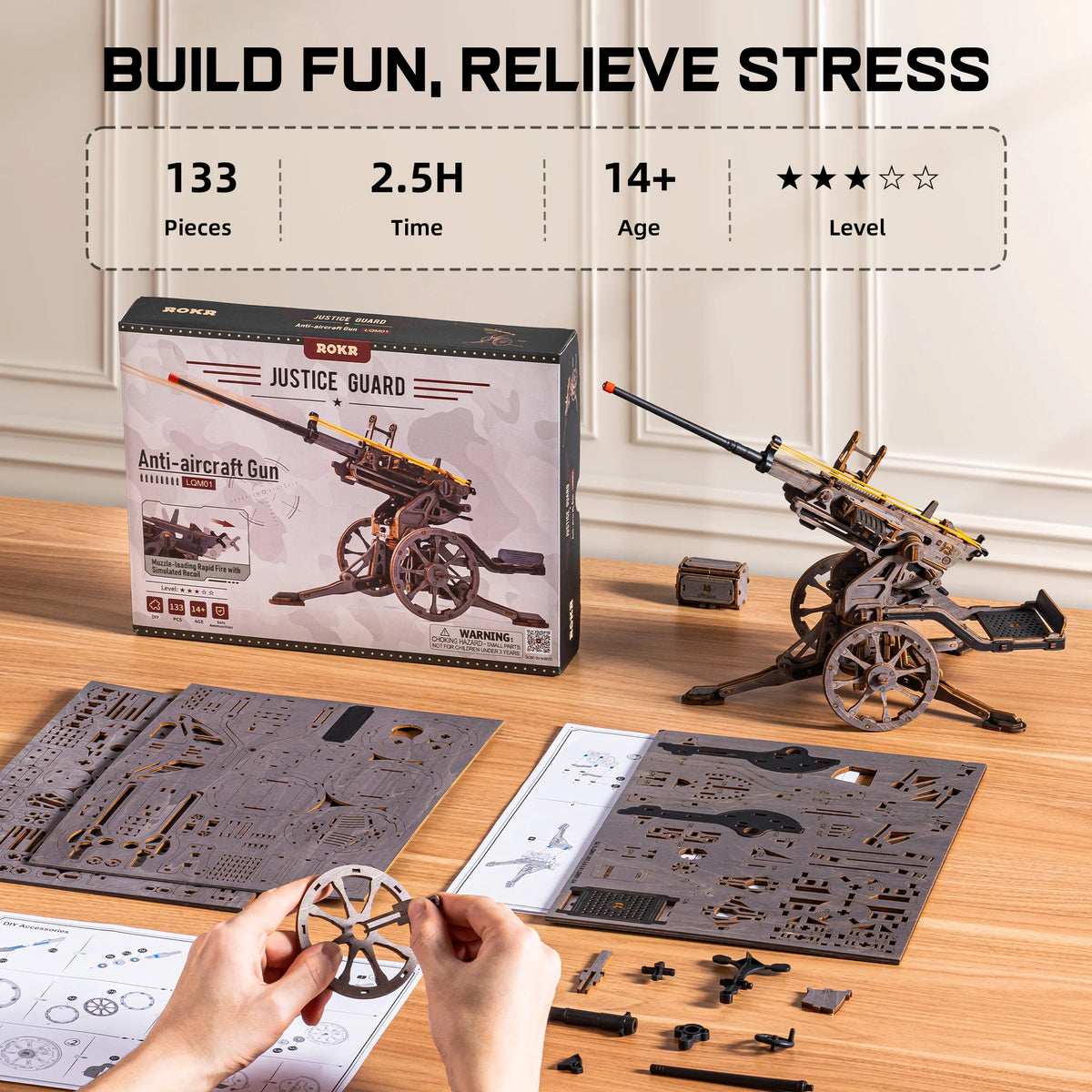 ROKR Anti-aircraft Gun Wooden 3D Puzzle Mechanical Rubber Band Shooting Model Building Kit 133-Piece Puzzle Toys for Desktop Decor Gift for Adults Kids