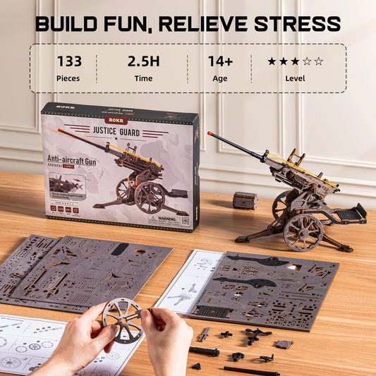 ROKR Anti-aircraft Gun Wooden 3D Puzzle Mechanical Rubber Band Shooting Model Building Kit 133-Piece Puzzle Toys for Desktop Decor Gift for Adults Kids