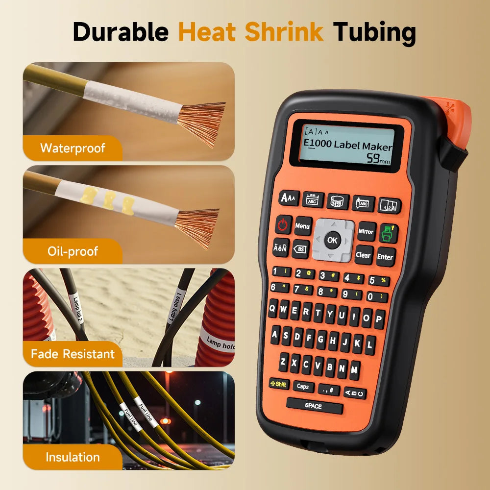 Industrial Label Printer E1000 PRO Portable Heat Shrink Tube Label Printer Compatible Brother HSE-231 HSE-631 for Marking Cable
