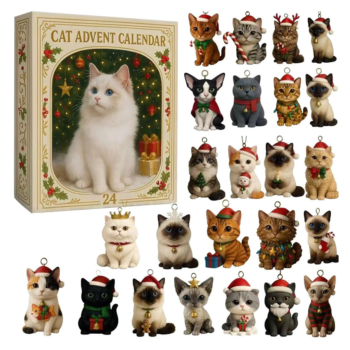 Cute Kitten Acrylic Advent Calendar – 24 Cat Tree Ornaments for Cat Lovers
