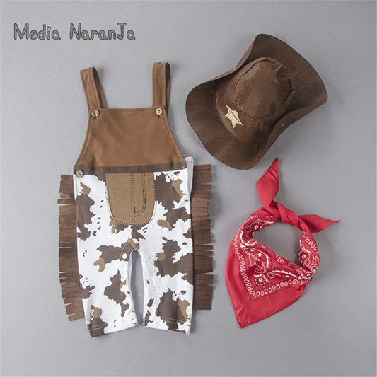 Baby Boy Romper Costume Infant Toddler Cowboy Clothing Set 3Pcs Hat+Scarf+Romper Halloween Purim Event Birthday Outfits