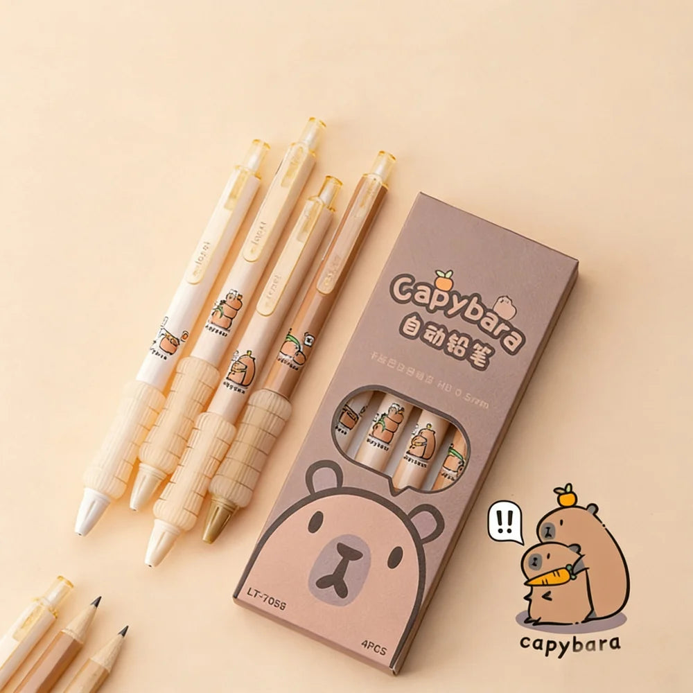 4 Pcs/Set Kawaii Capybara Mechanical Pencil Cute Cartoon 0.5mm Black Lead Soft Touch Writing Automatic Pencils School Supplies