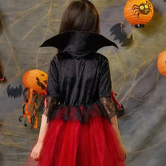 Kids Girls Cosplay Gothic Dark Ghost Bride Witch Vampire Halloween Costume Red Black Tutu Dress Wig Veil Kits Trick or Treat