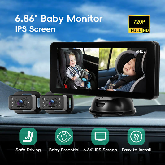 Podofo 6.86'' IPS Screen Display Car Rear Baby Monitor with Dual Cameras AHD Wide-angle Backup Monitor Real-time Baby Monitoring